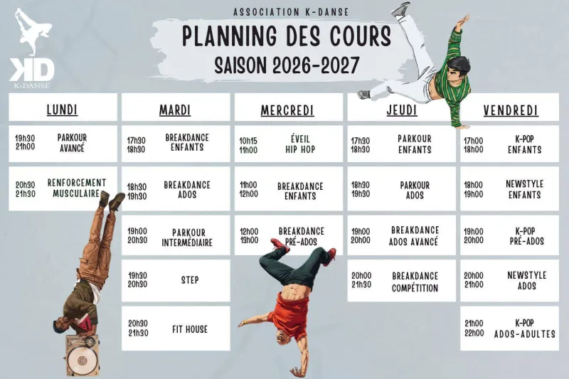 Affiche du planning des cours K-Danse saison 2026-2027